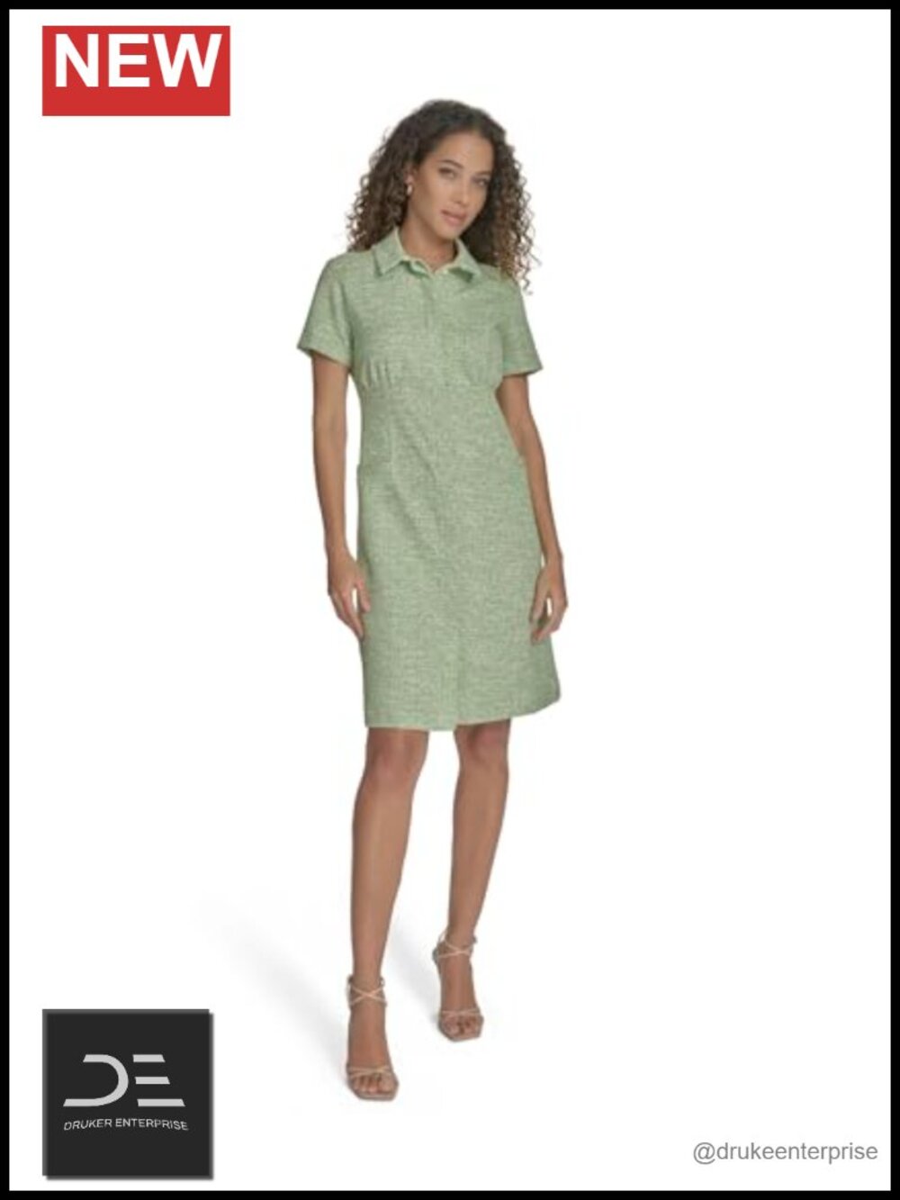 Tweed Short Sleeve Collared Shift Shirtdress Knee Length